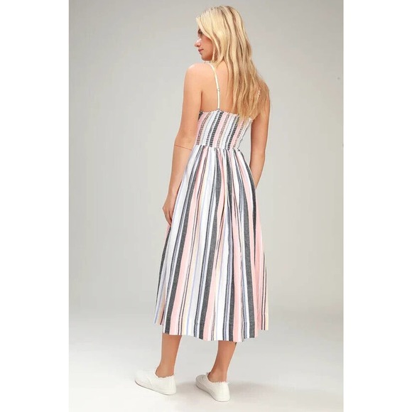 Free People Lilah Striped Printed Smocked Button Pleated Tube Midi Dress Size XS - Picture 7 of 13